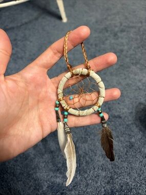 Turquoise Accent Mini Dreamcatcher Necklace - Neutral & Turquoise